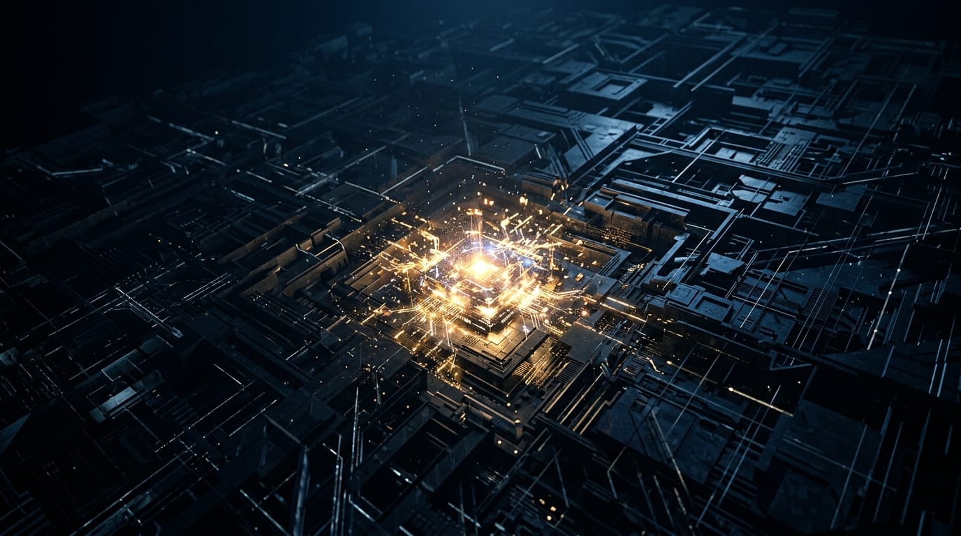 A luminous golden core glowing inside vast dark computational architecture — the J-space workspace inside a language model