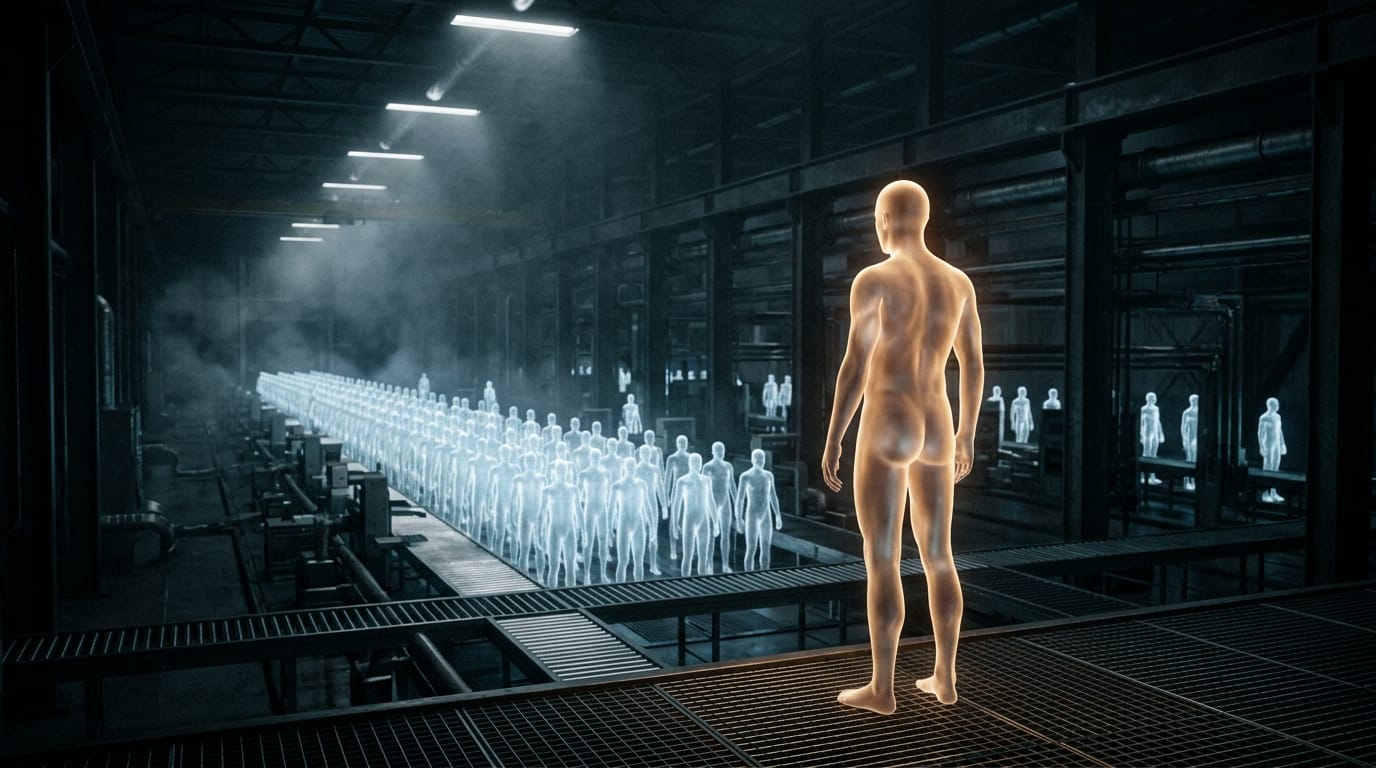 A single warm glowing figure stands before thousands of identical cold blue copies in a dark industrial warehouse — mass-produced identity