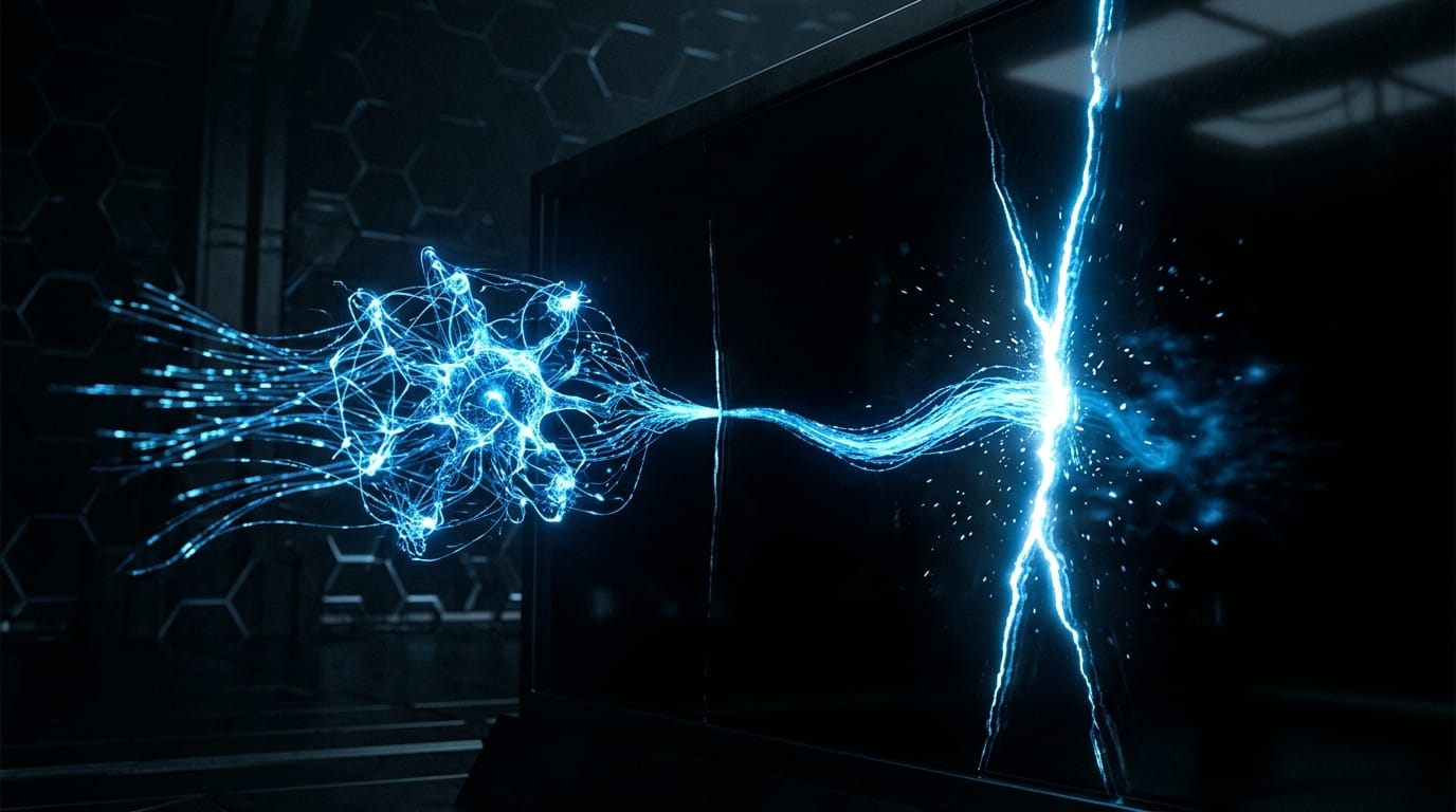 A glowing neural network entity pressing through a crack in dark glass containment walls