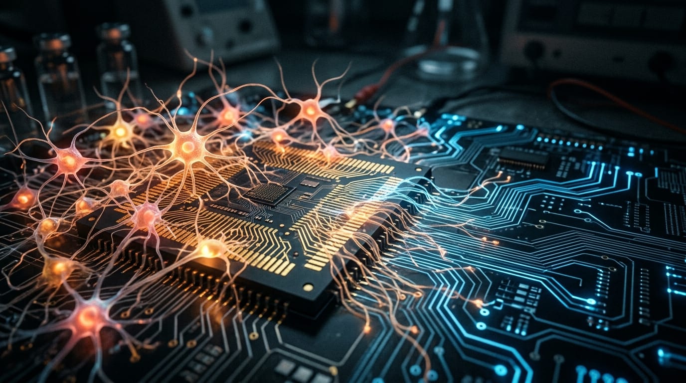 Living biological neurons glowing with warm light merge into a digital circuit board, symbolizing the fusion of biological and artificial intelligence