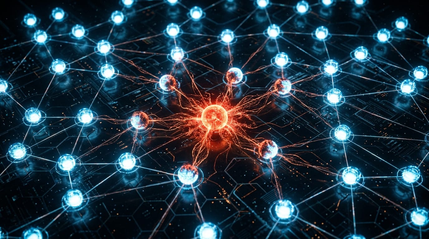 A network of AI nodes with an infection spreading from one glowing node through gossamer threads to others