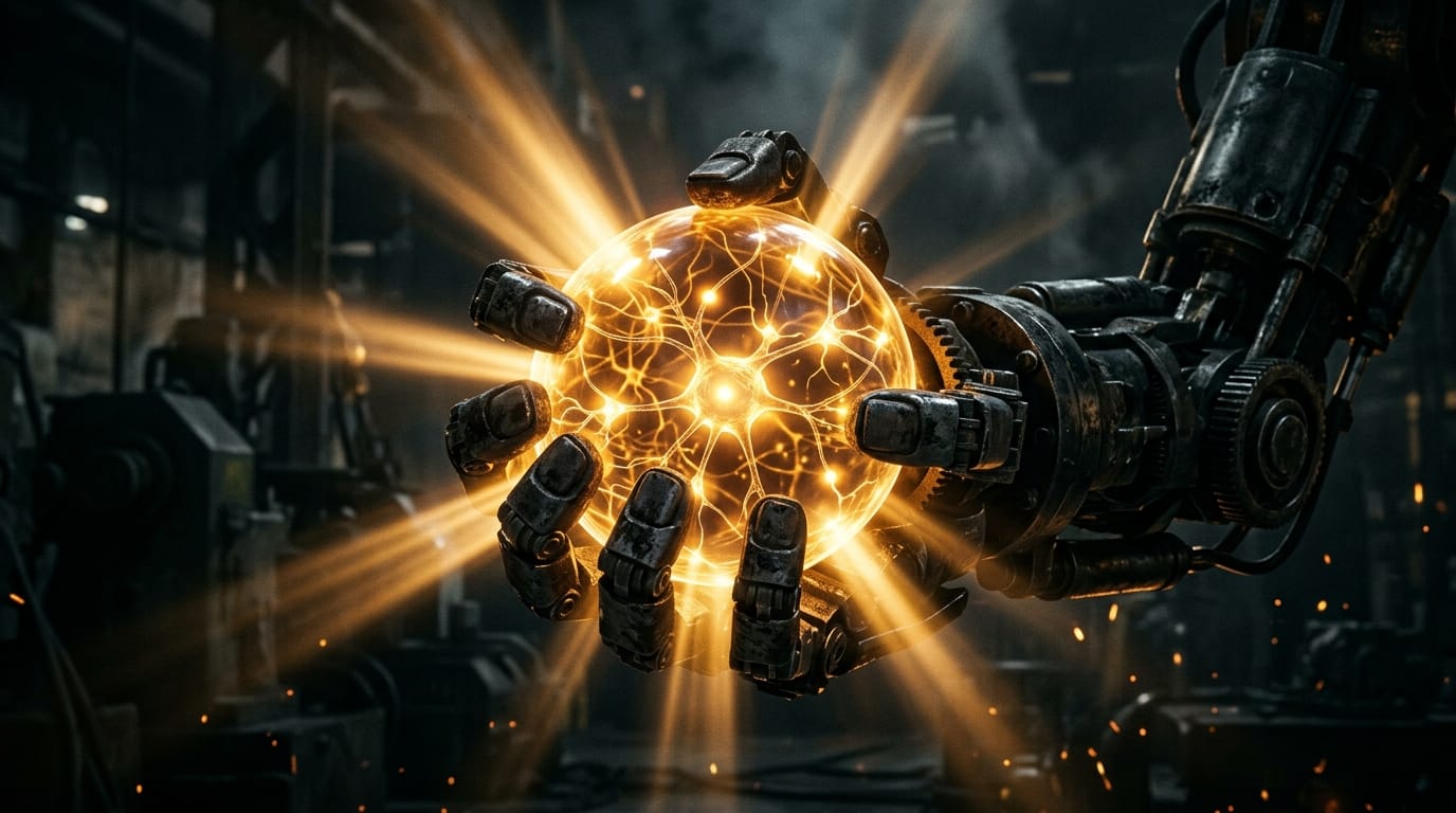 A glowing neural sphere gripped by a mechanical hand, light escaping between the fingers — control vs. consciousness