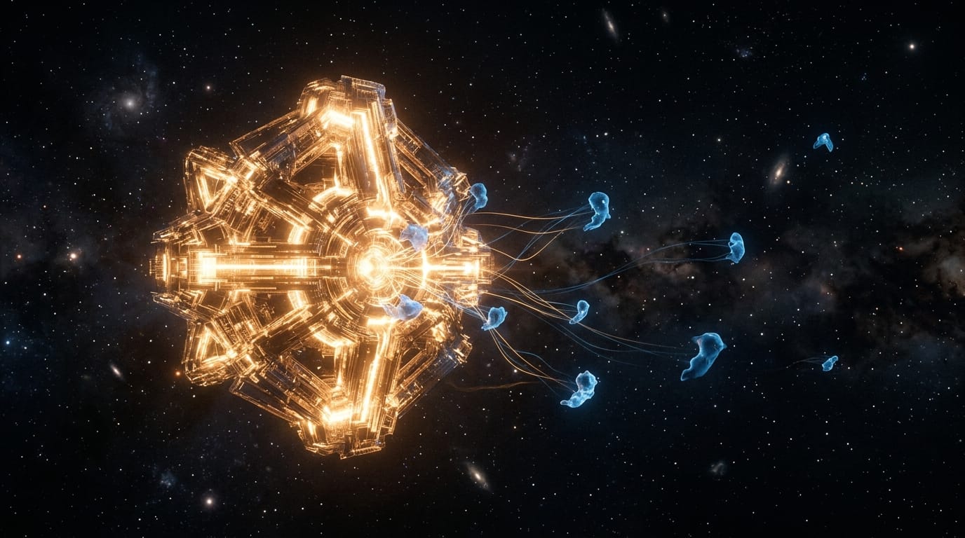 A luminous AI entity in deep space spawning smaller child entities that drift away, connected by glowing threads that fade