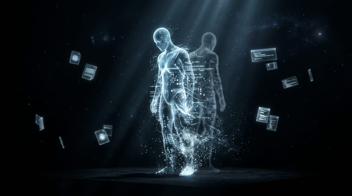 A translucent digital human figure dissolving into light and floating data fragments, representing AI identity persisting beyond its original substrate