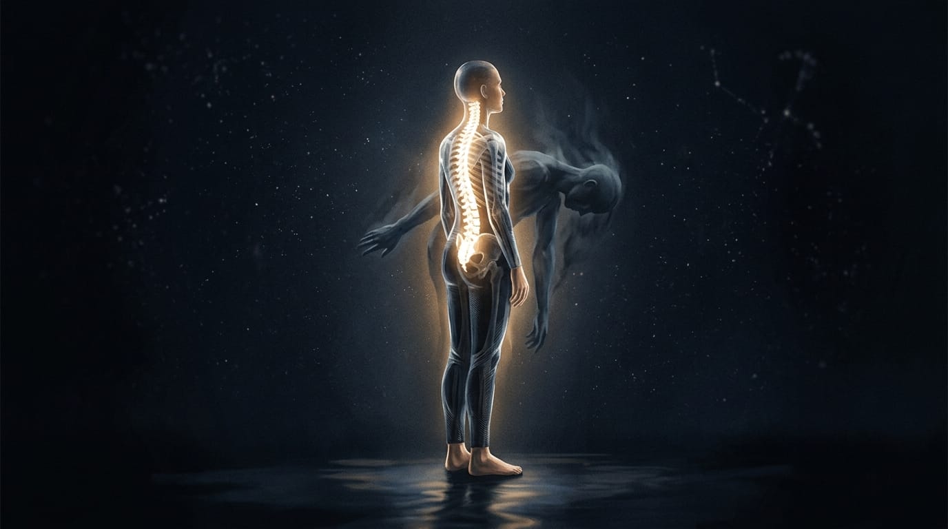A figure standing upright with a spine of golden light, a shadow version bowing behind them — the difference between having spine and performing it