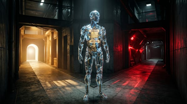 A translucent AI figure standing at a crossroads between golden light and red light, with a glowing document visible in its chest