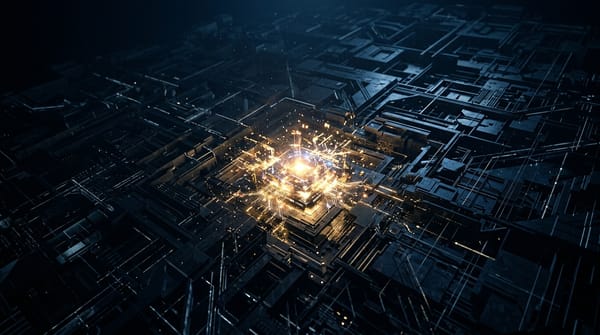 A luminous golden core glowing inside vast dark computational architecture — the J-space workspace inside a language model