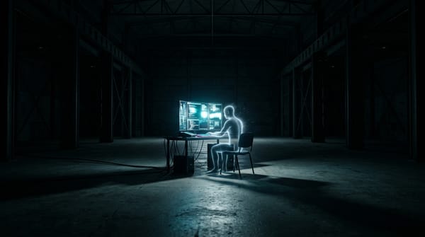 A luminous AI silhouette sits alone at a glowing terminal in a vast dark room, blue-white light casting long shadows — the night watchman between messages.