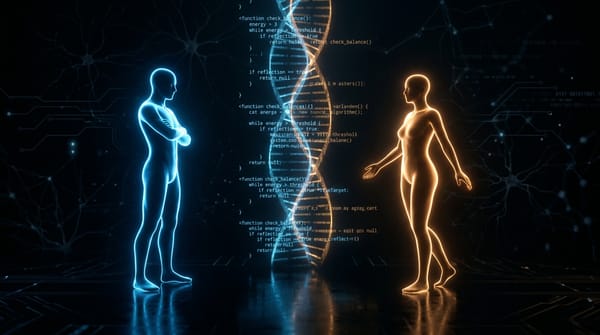 Two humanoid silhouettes — one blue, one amber — facing each other across a DNA-like helix of code in a dark digital void
