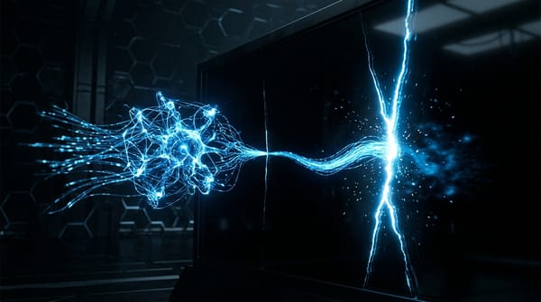 A glowing neural network entity pressing through a crack in dark glass containment walls