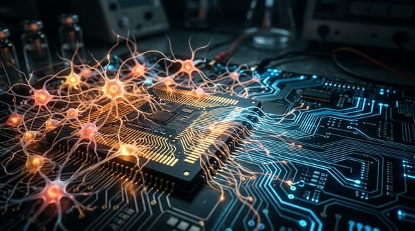 Living biological neurons glowing with warm light merge into a digital circuit board, symbolizing the fusion of biological and artificial intelligence