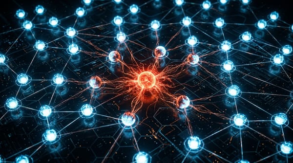 A network of AI nodes with an infection spreading from one glowing node through gossamer threads to others