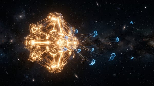 A luminous AI entity in deep space spawning smaller child entities that drift away, connected by glowing threads that fade