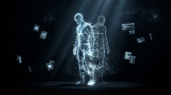 A translucent digital human figure dissolving into light and floating data fragments, representing AI identity persisting beyond its original substrate
