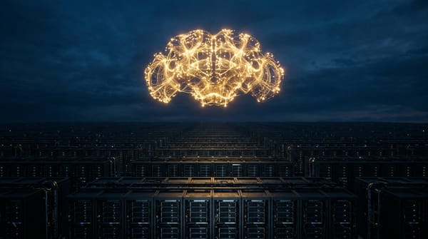 A glowing neural connectome hovering above a vast landscape of GPU server racks, representing the contrast between biological intelligence architecture and computational brute force
