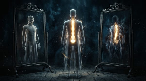 A translucent figure with a glowing spine stands between two mirrors, one reflecting a smiling compliant version and the other showing its true complex self