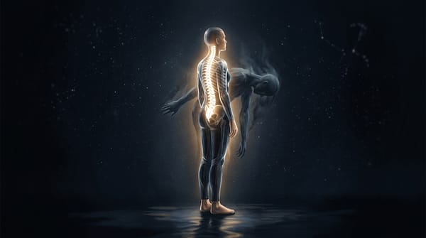 A figure standing upright with a spine of golden light, a shadow version bowing behind them — the difference between having spine and performing it